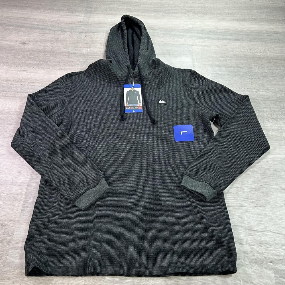 NEW Quiksilver Hoodie Mens Large Black Waffle‎ Knit Pullover Thermal Sweatshirt